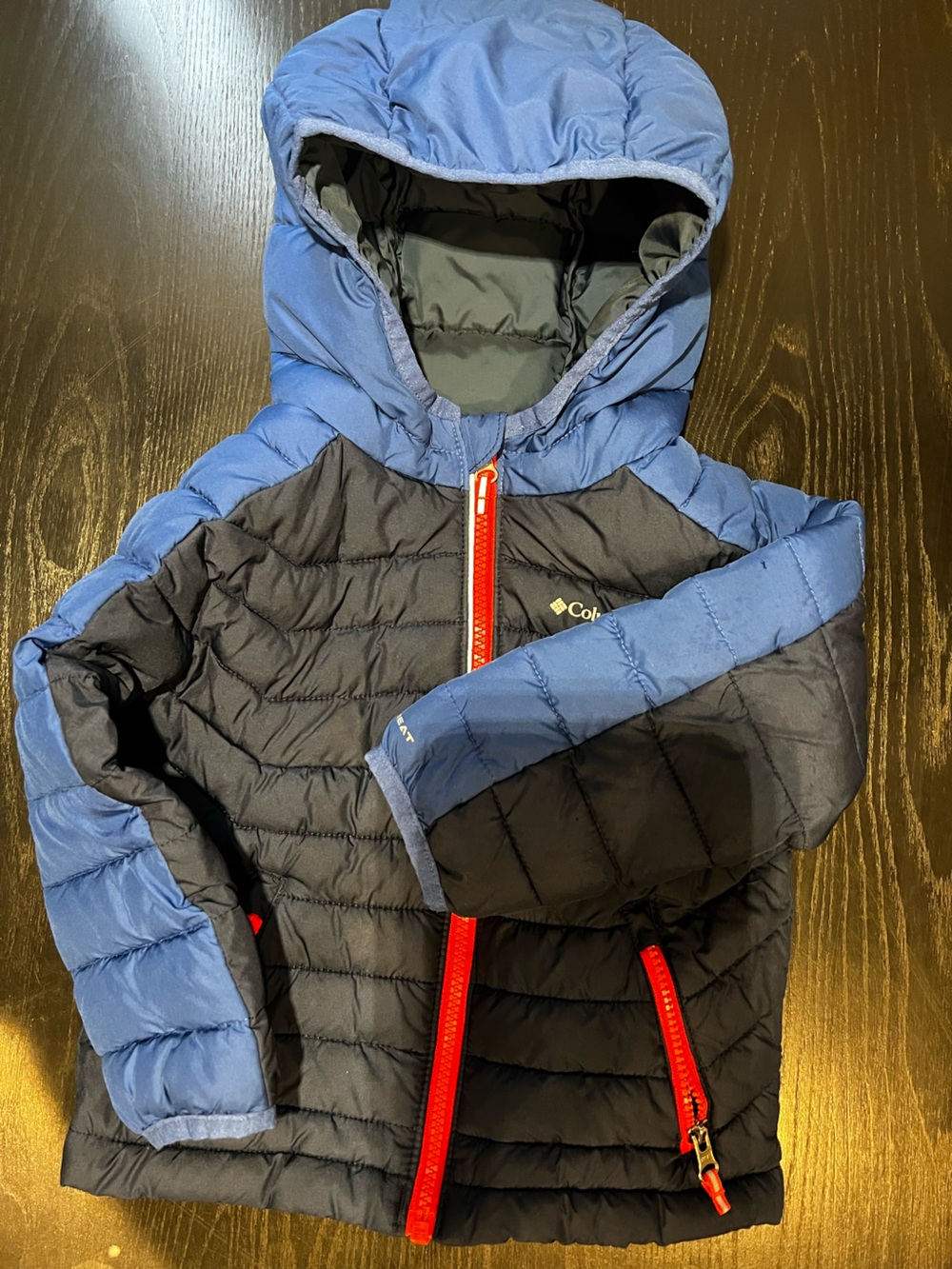 Columbia Kids Blue and Black Quilted Hooded Puffer with Red Zippers